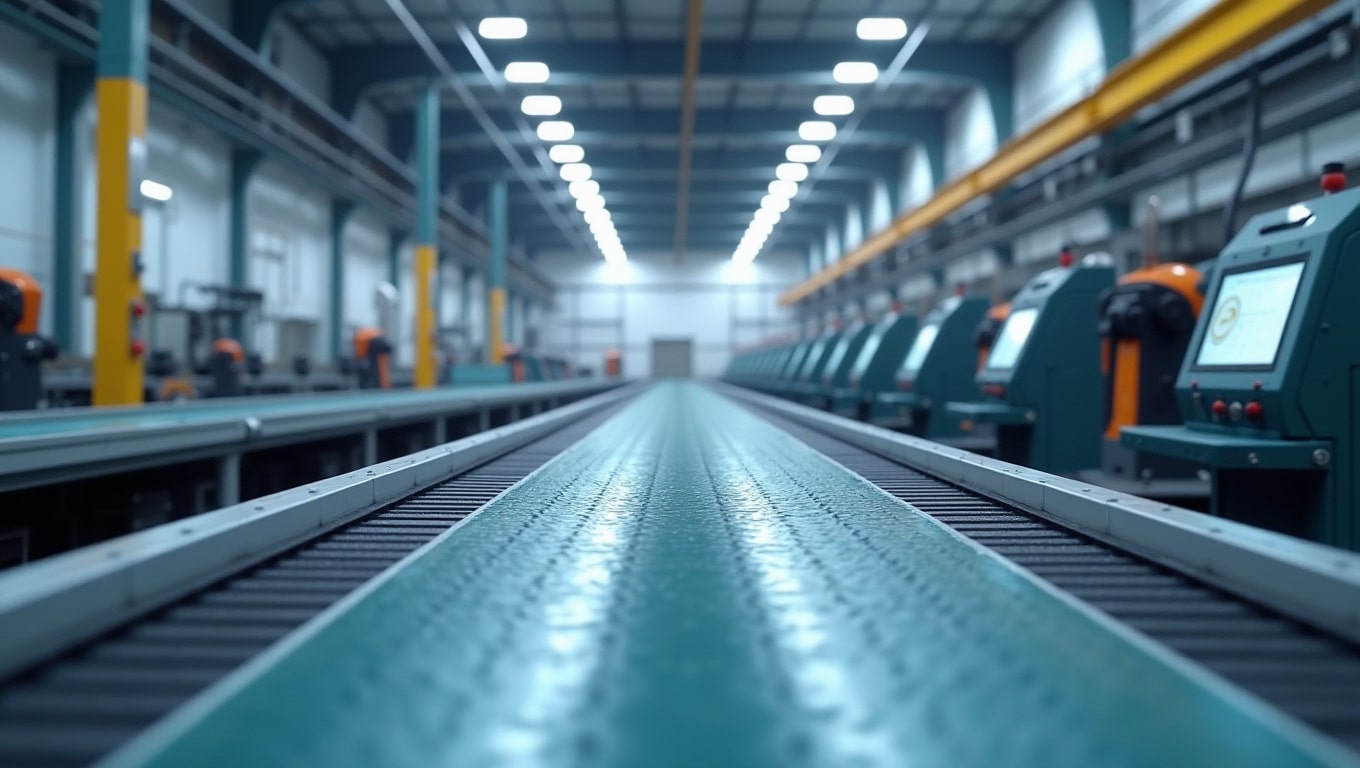 A photorealistic image of a modern rubber flooring production line, featuring quality control inspection stations