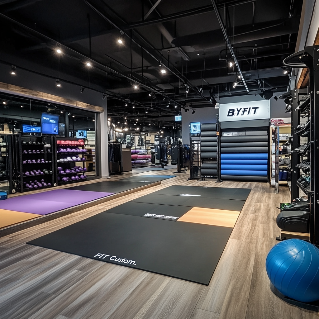 Inside a sleek fitness equipment retail store, rubber flooring samples are neatly displayed, with tags reading "BYFIT Custom." A store clerk is demonstrating the flooring’s anti-slip features and design options to a customer.