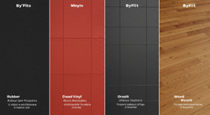 Side-by-side comparison of rubber, vinyl, and wood gym flooring materials