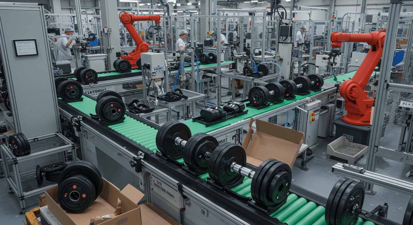 Modern adjustable dumbbells production line showcasing automated manufacturing processes