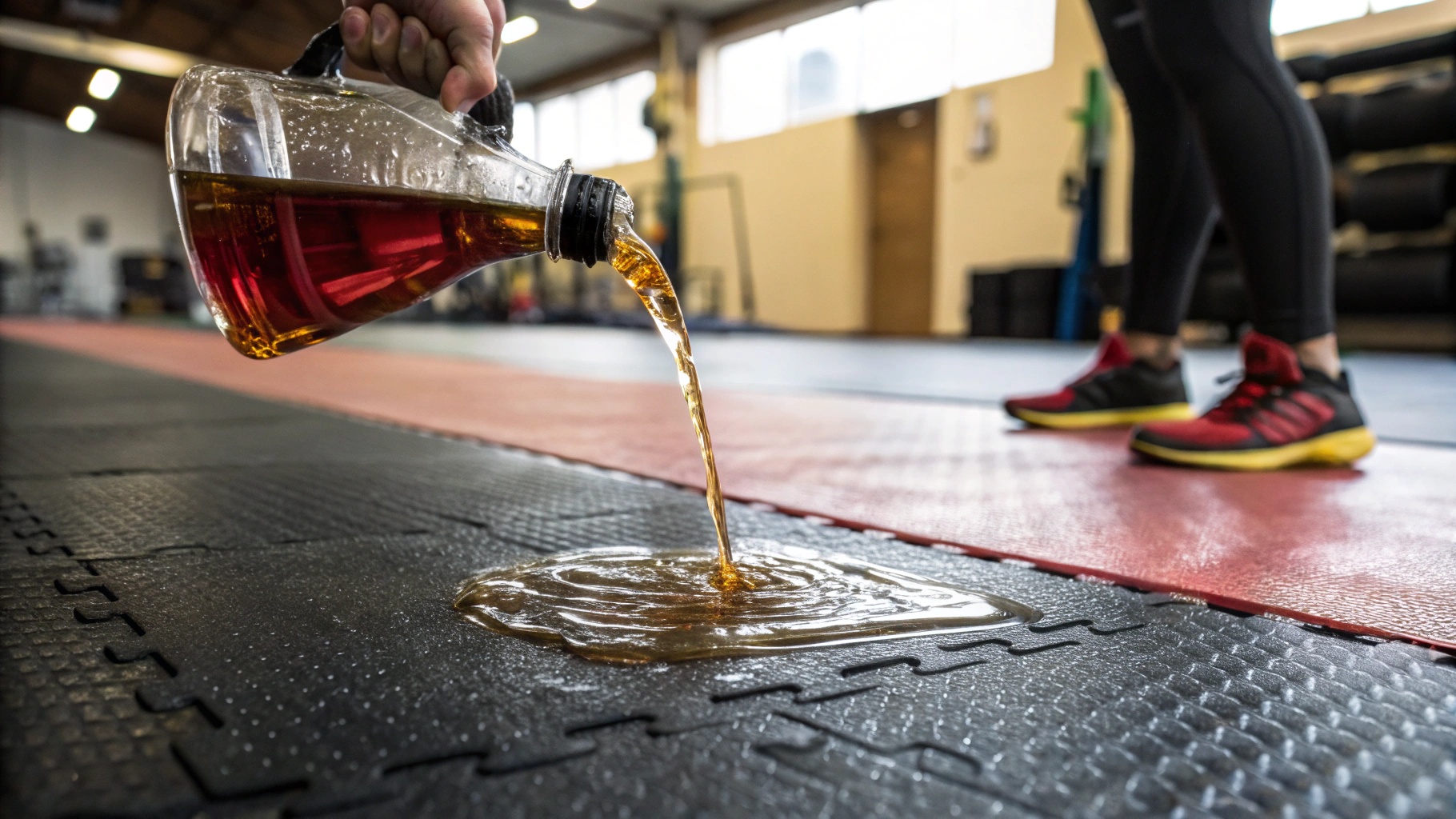 ![Liquid spill on interlocking rubber gym flooring during a cleaning test](#placeholder_link)
