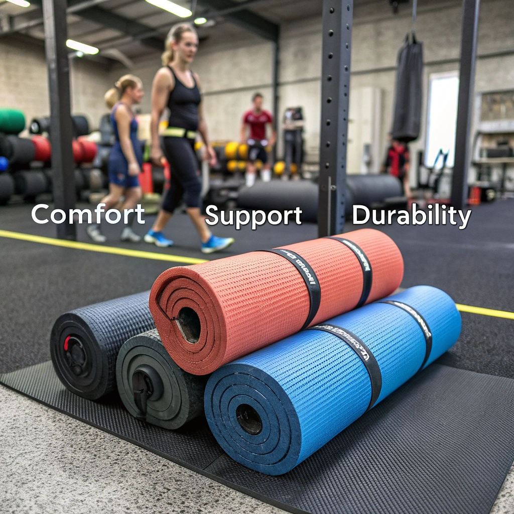 ![Yoga mats with labels on comfort, support, and durability in a gym setting](#placeholder_link)
