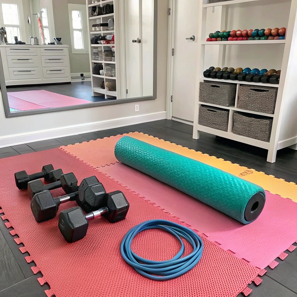 ![Home gym with dumbbells, yoga mat, resistance bands, and a foam roller](#placeholder_link)
