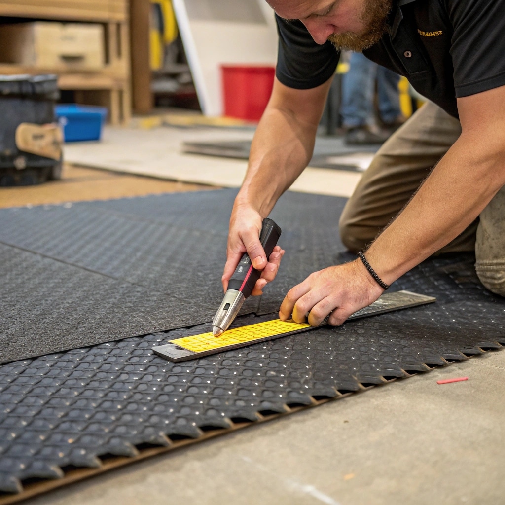 ![Worker cutting custom size gym rubber flooring mat for installation](#placeholder_link)
